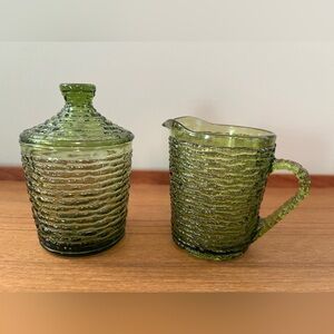 Vintage Anchor Hocking Soreno Avocado Green glass sugar bowl and creamer set